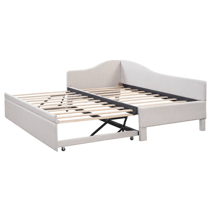 Twin Size L-Shaped Upholstered Daybed with Pop-Up Trundle, Beige