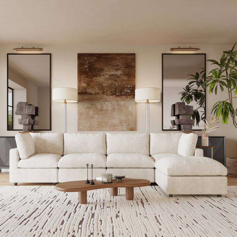 Cloud Sectional Couches for Living Room,100.5" Convertible L Shaped Couch with Ottoman, 4 Seater Modular Sectional Sofa - L Shaped 4 Seats+1Ottoman Beige
