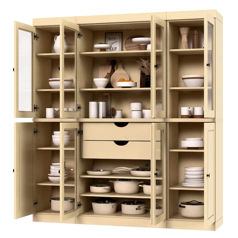 Palace Imports 100% Solid Wood Kitchen China Cabinet Pantry with Glass or Solid Wood Doors and 2-Drawer Kit - 65" x 71.5"