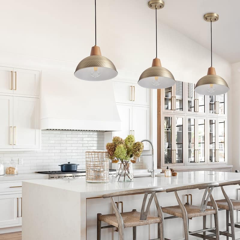 Industrial Farmhouse Pendant Light Fixture with Metal Shade and Faux Wood Grain Design