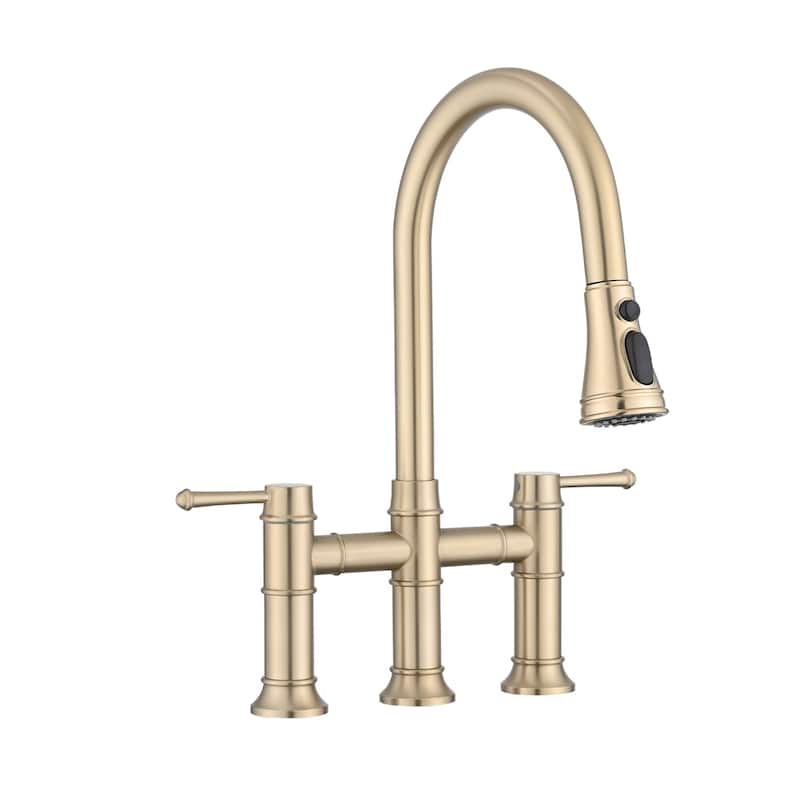 Bridge Kitchen Faucet With Pull Down Sparyer 3 Hole Kitchen Sink Faucet Double Handle 304 Stainless Steel Taps
