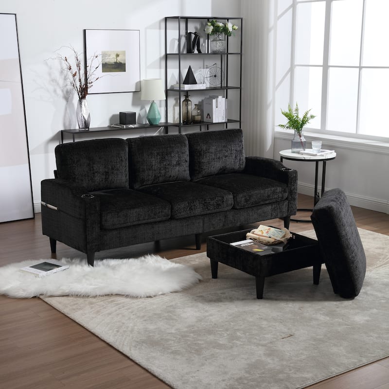 Modular Sectional Sofa with Storage Ottoman, Comfy Chenille Fabric Sofa, 3-Seater Sofa with Side Pockets & 2 Cup Holders