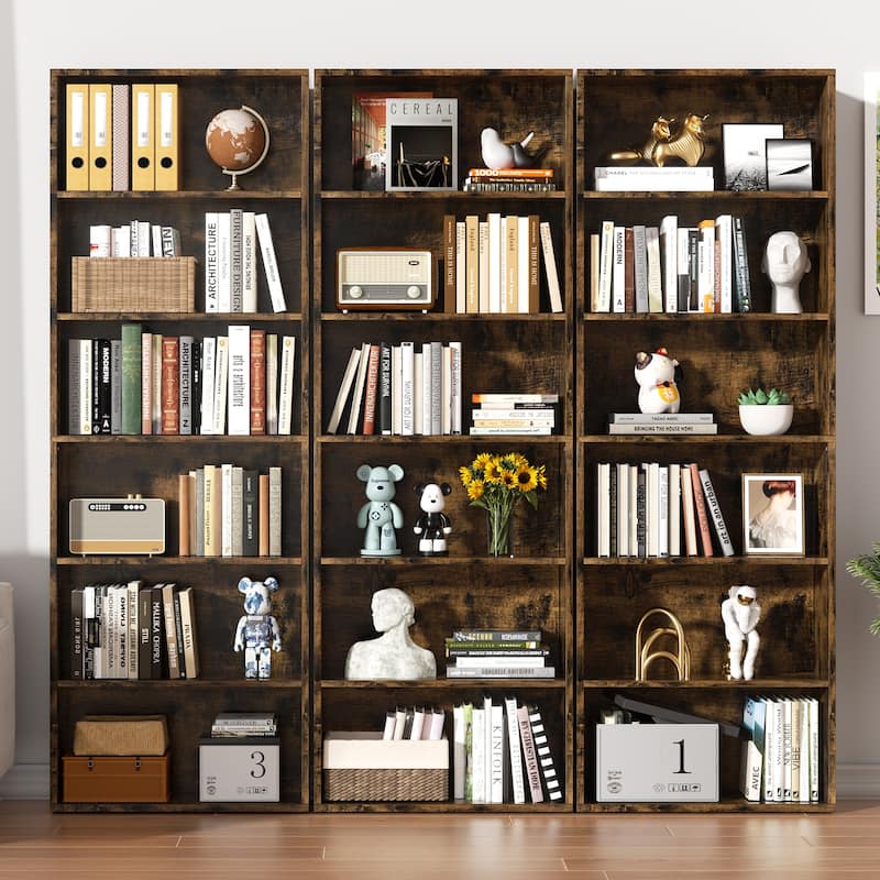 6-Tier Wooden Bookshelf - Rustic Storage Shelf for Living Room, Office & Bedroom , Easy Assembly