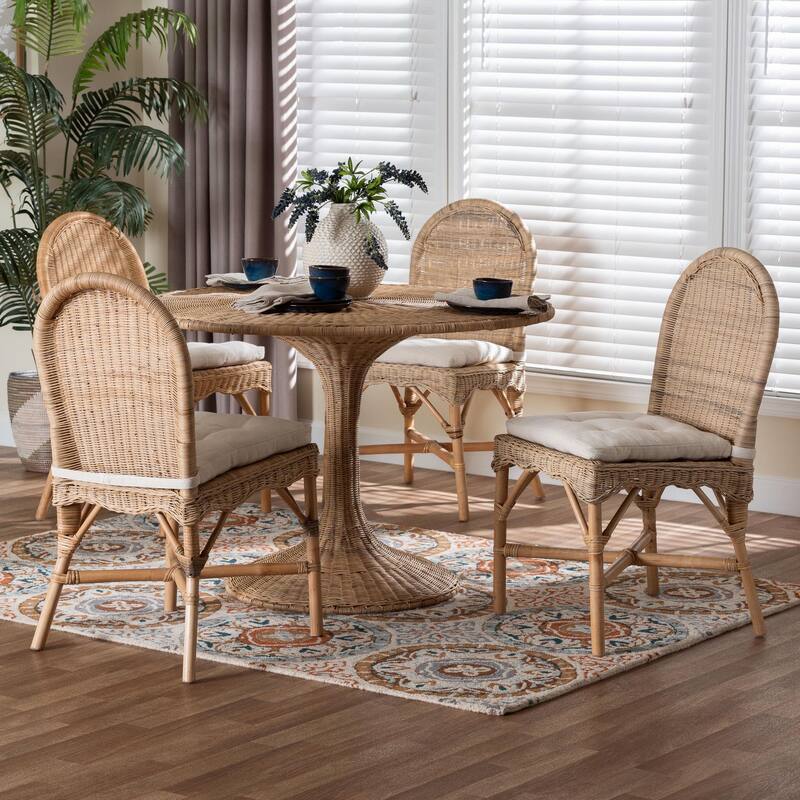 Linda 5-Piece Natural Rattan Dining Set - Handwoven Wicker Dining Furniture with Cushioned Seats, Boho Coastal Dining Room Set