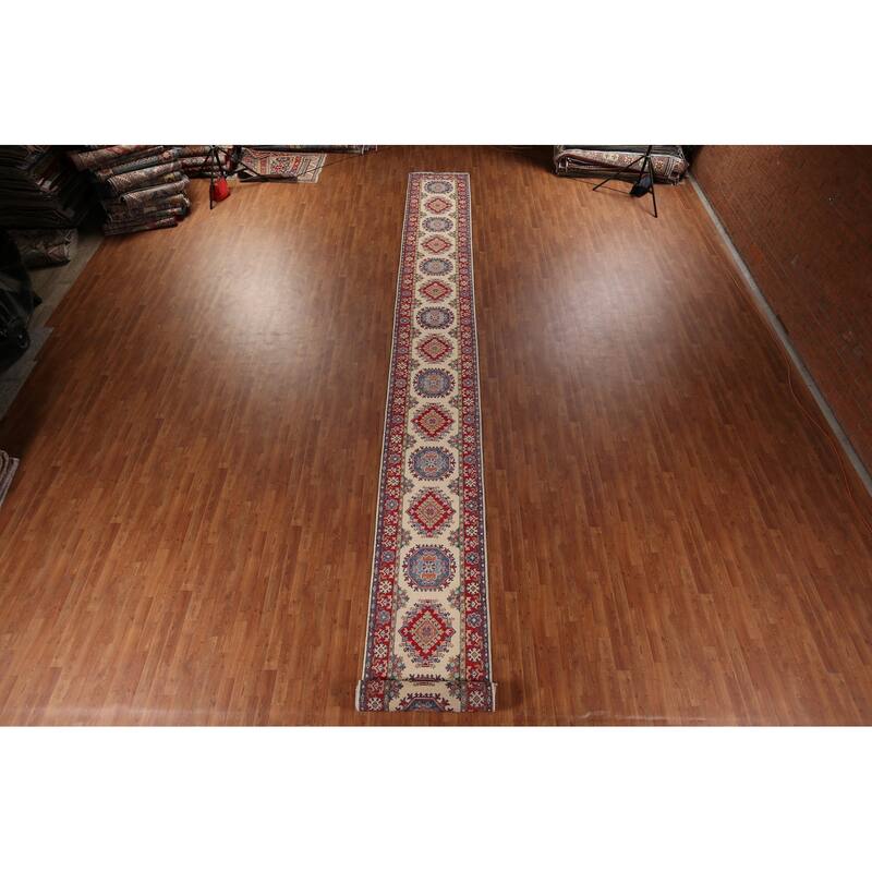 Kazak Oriental Runner Rug Hand-Knotted Traditional Beige Wool Carpet - 2'8" x 25'4"