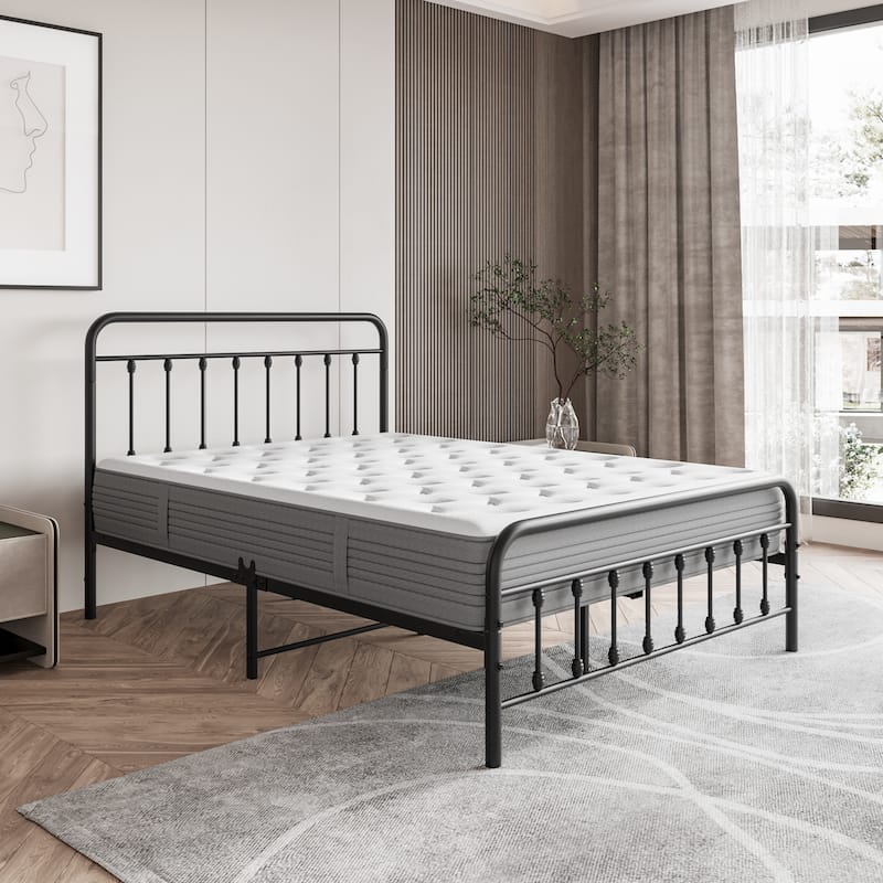 Victorian Style Metal Platform Bed Frame with Iron-Art Headboard Footboard, Under Bed Storage, No Box Spring Needed, Noise Free