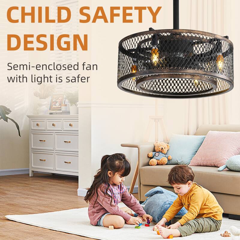 20 Inch Caged Bladeless Ceiling Fans with Lights and Remote, Modern Small Enclosed Ceiling Fans, 6 Speed Reversible DC Motor