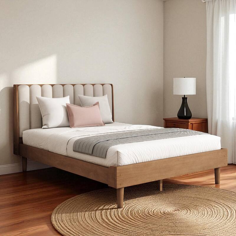 Queen/King Size Wood Platform Bed with Piano Key Upholstered Headboard and Sturdy Bed Frame