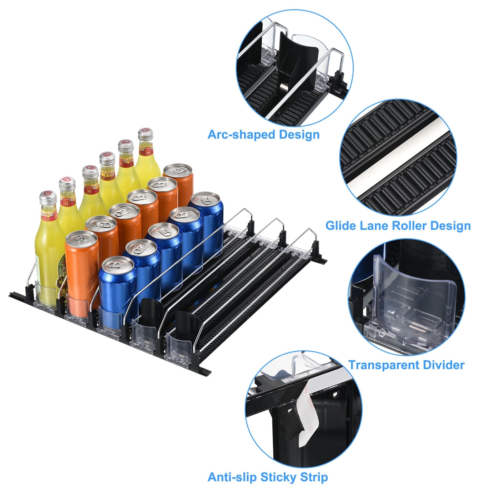 Drink Organizer for Fridge, Self-Pushing Soda Can Dispenser for  Refrigerator, 5 Row Black Color Width Ajustable, Beer Pop Can Water Bottle  Storage for Pantry, Kitchen 
