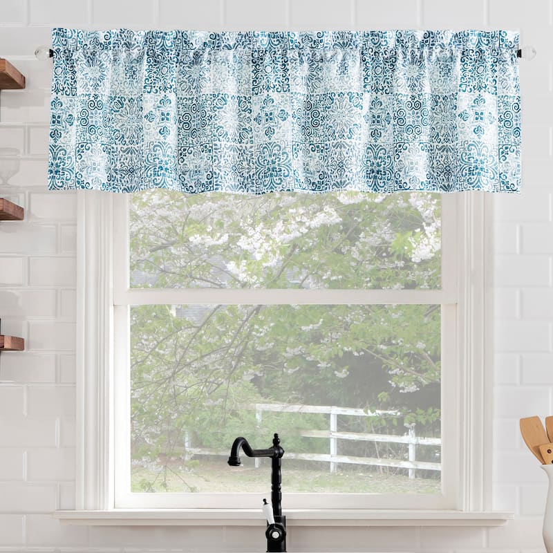 No. 918 Genoa Mosaic Semi-Sheer Rod Pocket 1-Piece Kitchen Curtain Valance - 54" x 14" - 54" x 14" - Blue