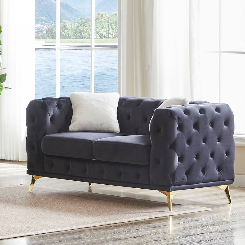 Velvet Chesterfield Loveseat Sofa, Tufted Button Upholstered 2 Seater Sofa, Lounge Sofa Chair with 2 Pillows & Metal Legs