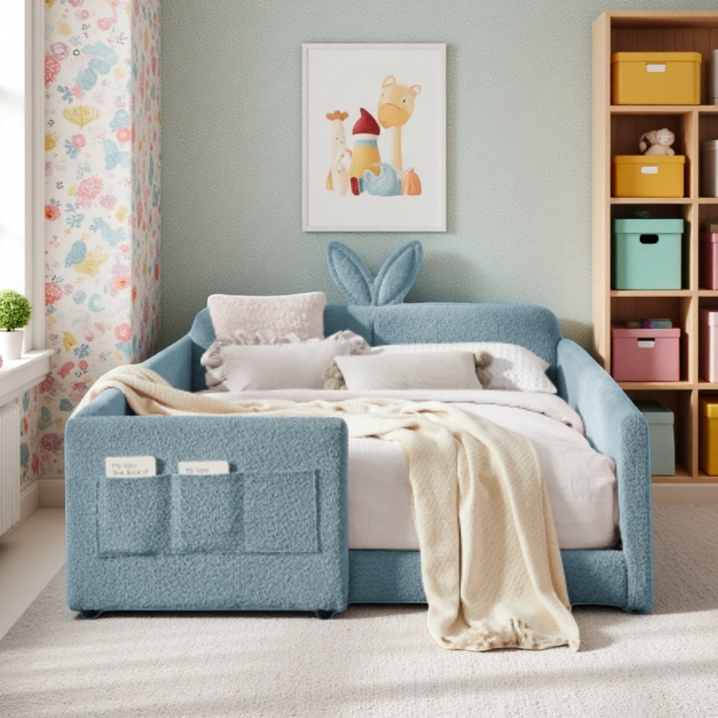 Full Size Upholstered Platform Bed with Playful Rabbit Ear Headboard, Boucle Fabric, Built-In Storage Pocket and Safety Rail