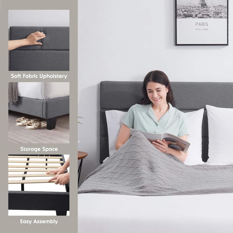 Nestl Bed Frame with 8" Green Tea Graphite Memory Foam Mattress and Horizontal Channel Upholstered Headboard
