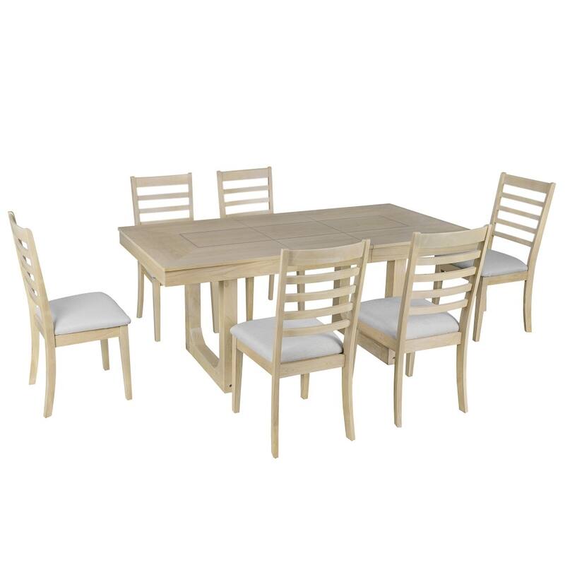 Rustic 7-piece Wooden Extendable Dining Set with 18" Move Leaf and 6 piece Upholstered Chairs