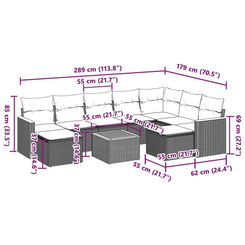 vidaXL Patio Sofa Set with Cushions Outdoor Conversation Furniture Poly Rattan - 21.7 x 21.7 x 14.6 in