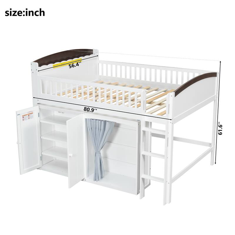 GDFStudio - UrbanGrow Modern Wooden Loft Bed with Storage Cabinet, Wardrobe and LED Light