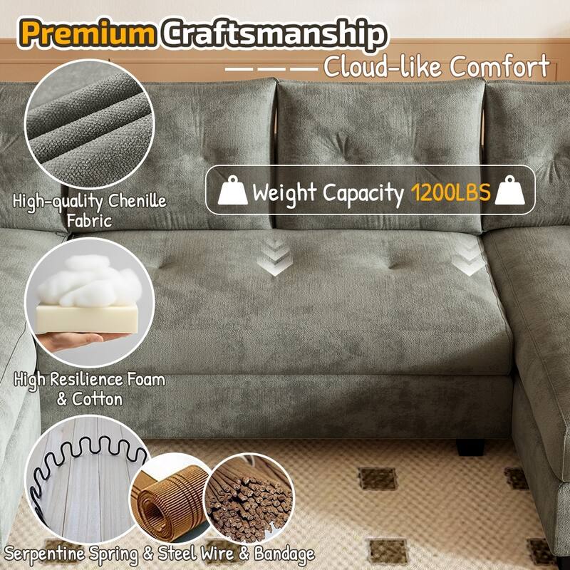 U-Shaped Convertible Sofa with Pull Out Bed & USB Ports