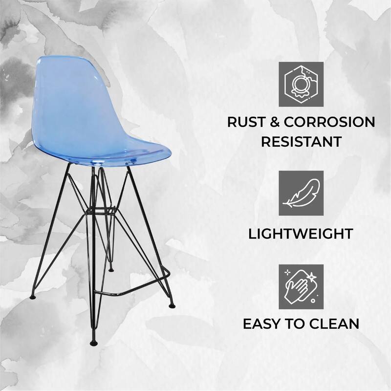 Cresco Acrylic Barstool in Brushed Black Steel Base with Ergonomic Seat, Footrest, & Floor Pads for Kitchen or Home Bar Set of 2