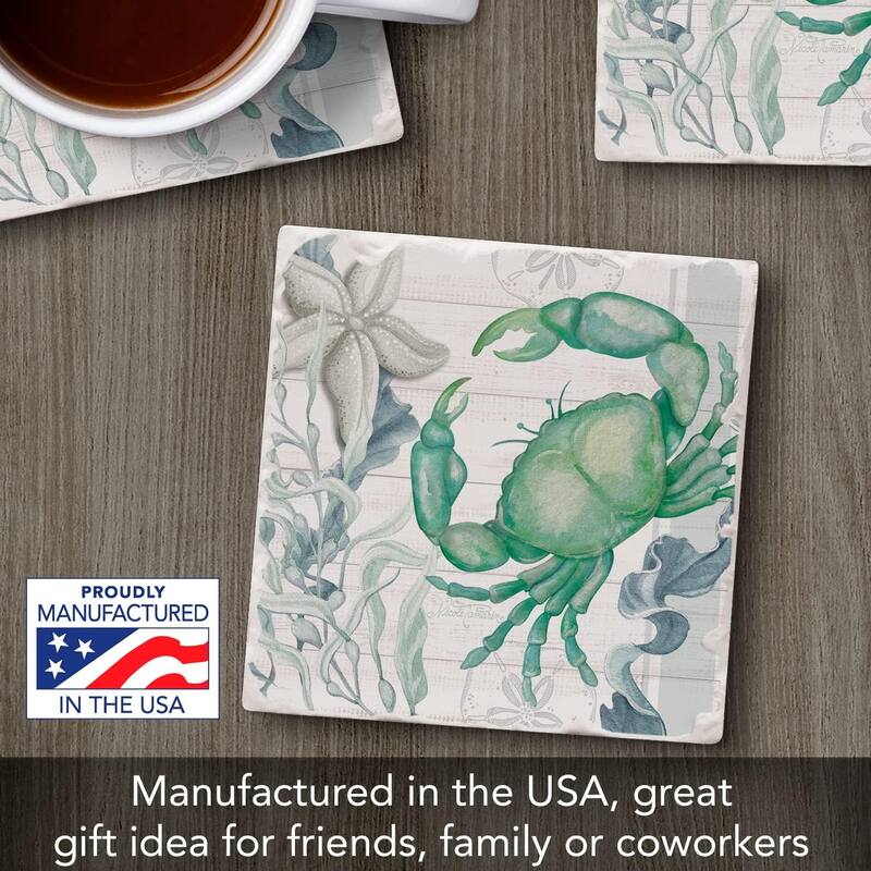 Absorbent Stone Tumbled Tile Coasters, Beach Therapy Crab, Set of 4
