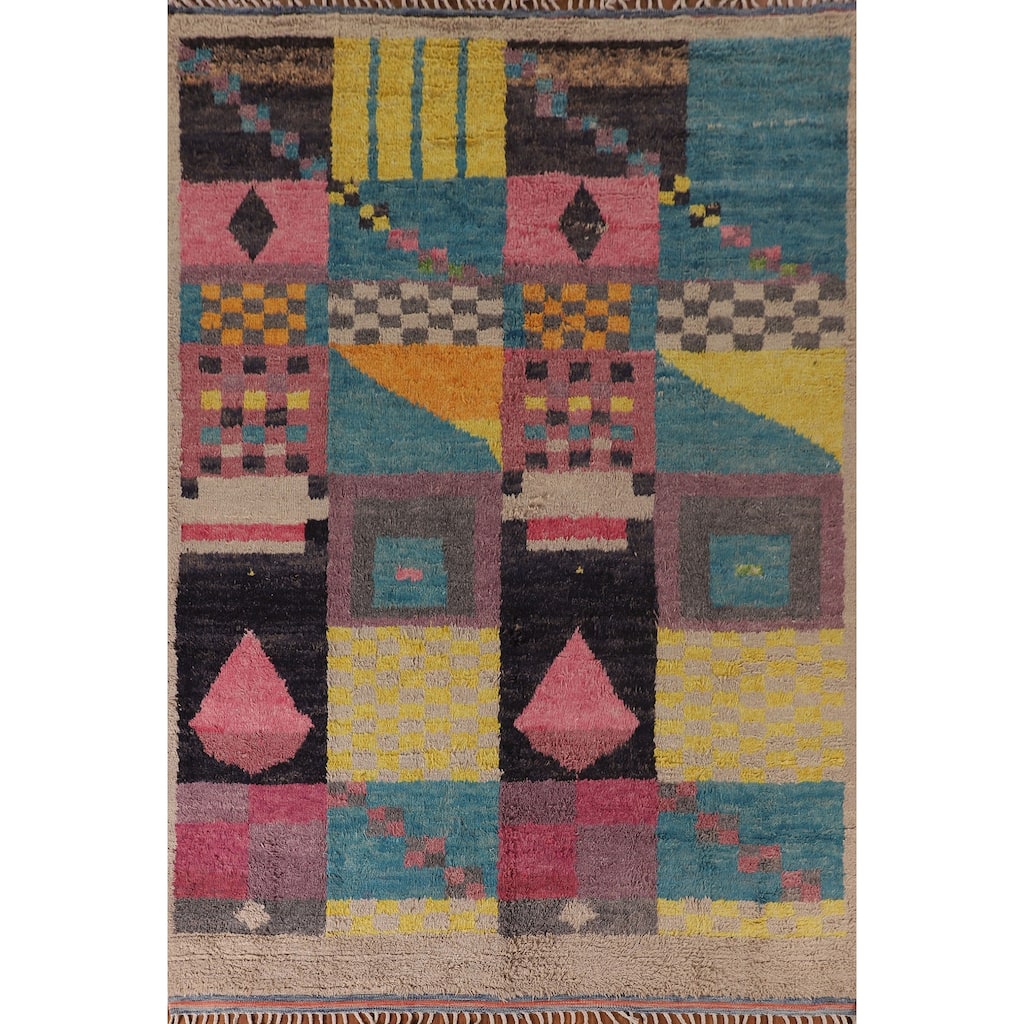 Geometric Plush Moroccan Oriental Area Rug Hand-Knotted Wool Carpet - 7'11" x 10'9"