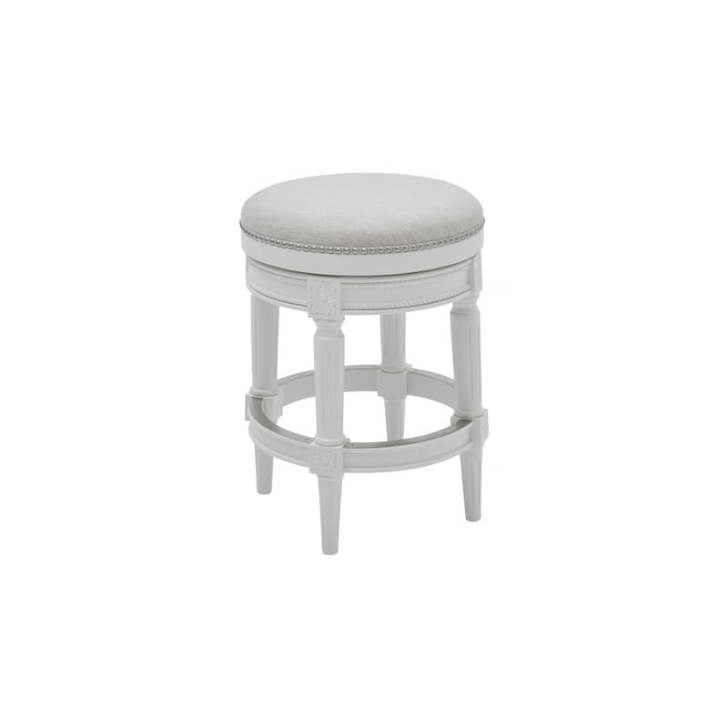White Round Swivel Backless Bar Stool with Fabric Seat and Footrest - White-25.5-Inch
