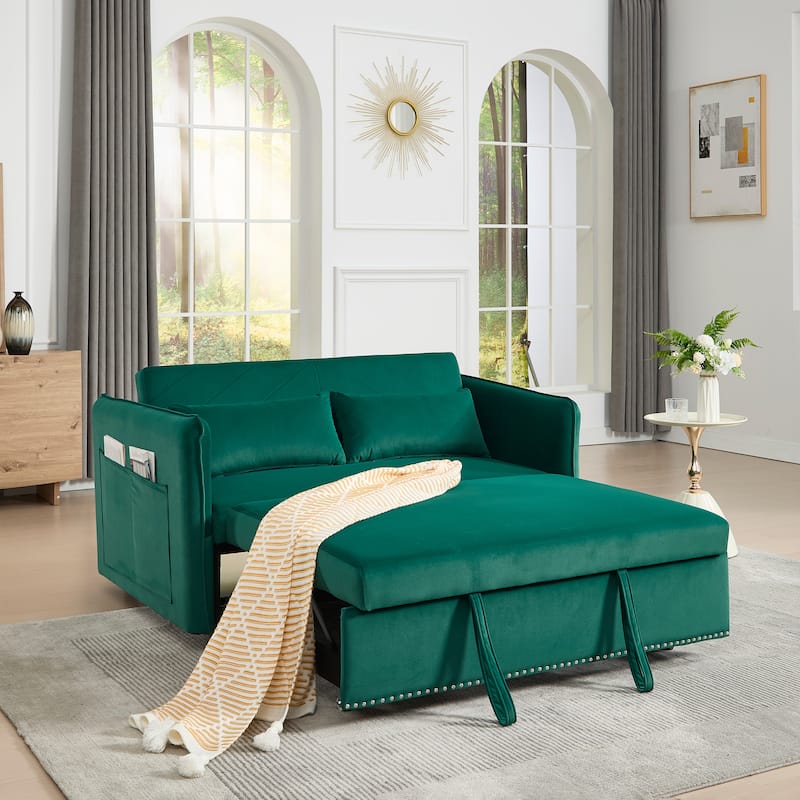 Small Convertible Sofa Bed, 55" Velvet Loveseat Couch with Pull-Out Bed, Pillows, Adjustable Backrest & Side Pockets
