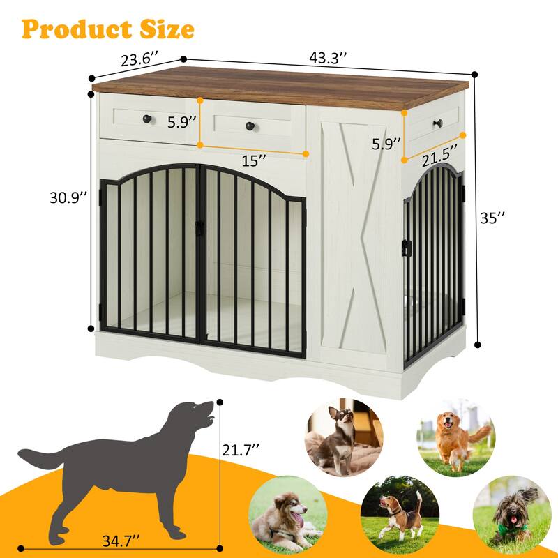 Rossetta Farmhouse Indoor Heavy Duty Double Door Design Dog Crate Furniture with Removable Feeder for Medium Large Dogs