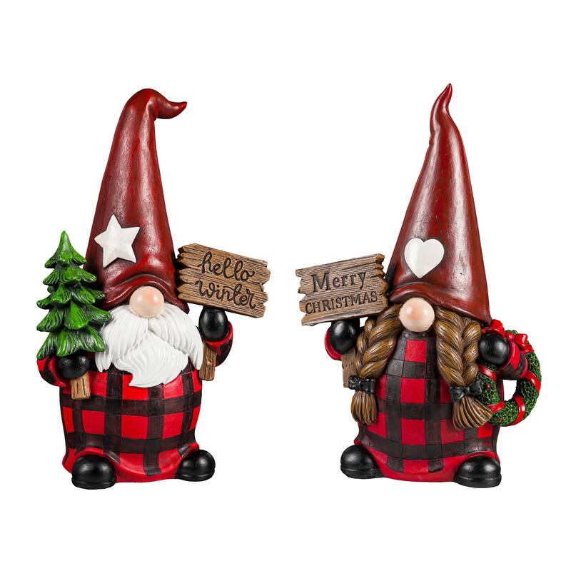 12"H Male and Female Winter Gnome Garden Statuary, Set of 2