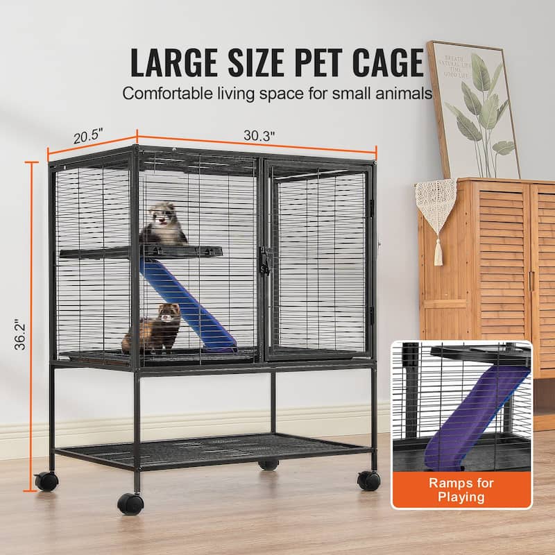 Black Iron & Plastic Pet Cage with Ramp, Wheels & Storage Shelf - 30.3"x20.5"x36.2"