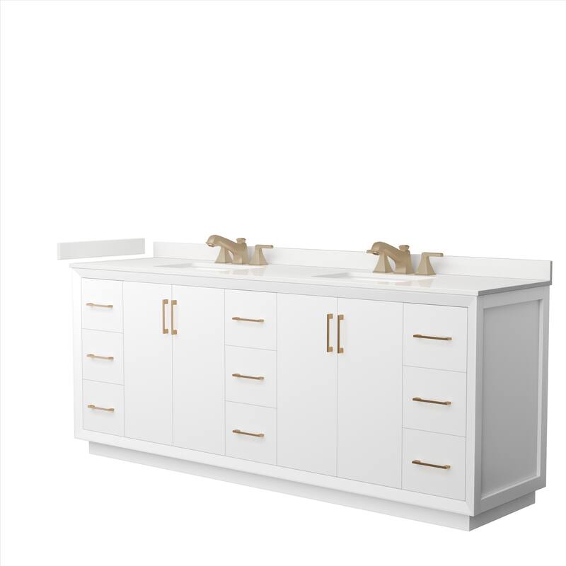 Strada 84-inch Double Vanity, Quartz Top - White, Bronze Trim, White Quartz Top