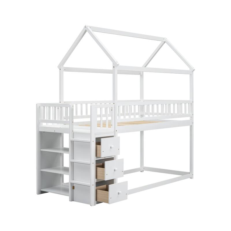Twin/Twin House Bunk Bed with Shelves and Drawers