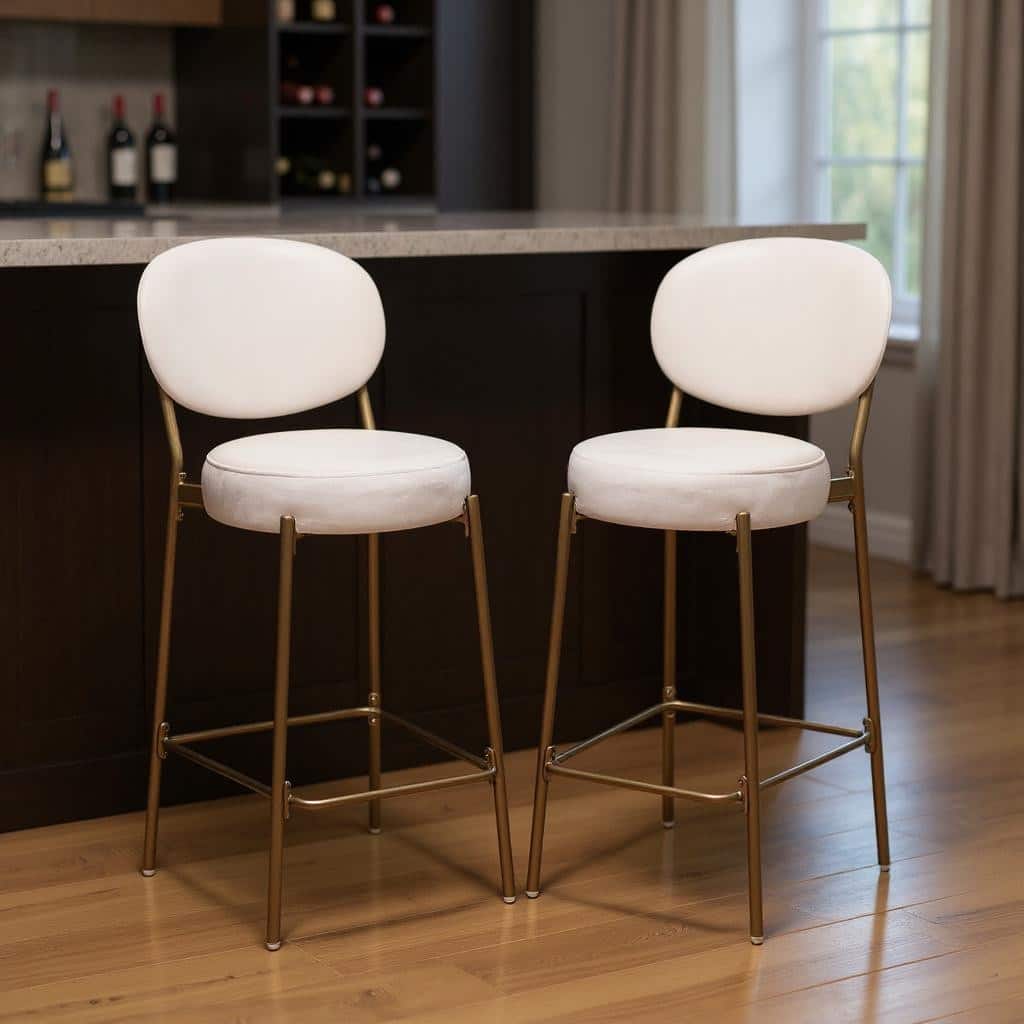 HomeRoots Set of Two 29" White and Gold Velvet and Metal Low Back Bar Height Bar Chairs
