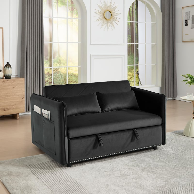 Small Convertible Sofa Bed, 55" Velvet Loveseat Couch with Pull-Out Bed, Pillows, Adjustable Backrest & Side Pockets - Black
