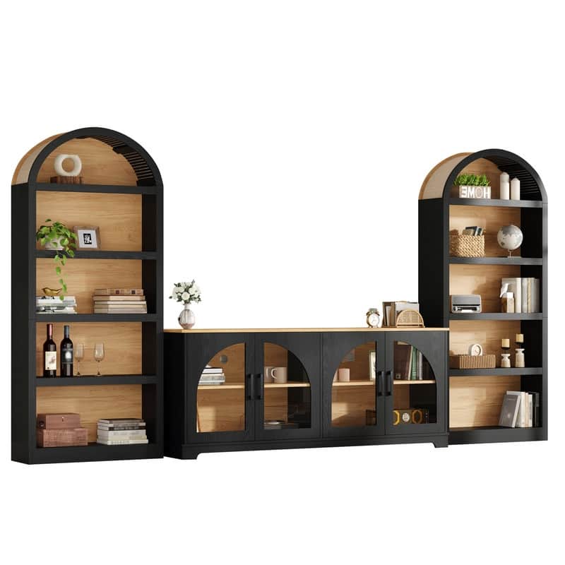 Farmhouse 3-Piece TV Stand Set for TVs Up to 70", Entertainment Center with Arched Sideboard and Glass Doors for Living Room