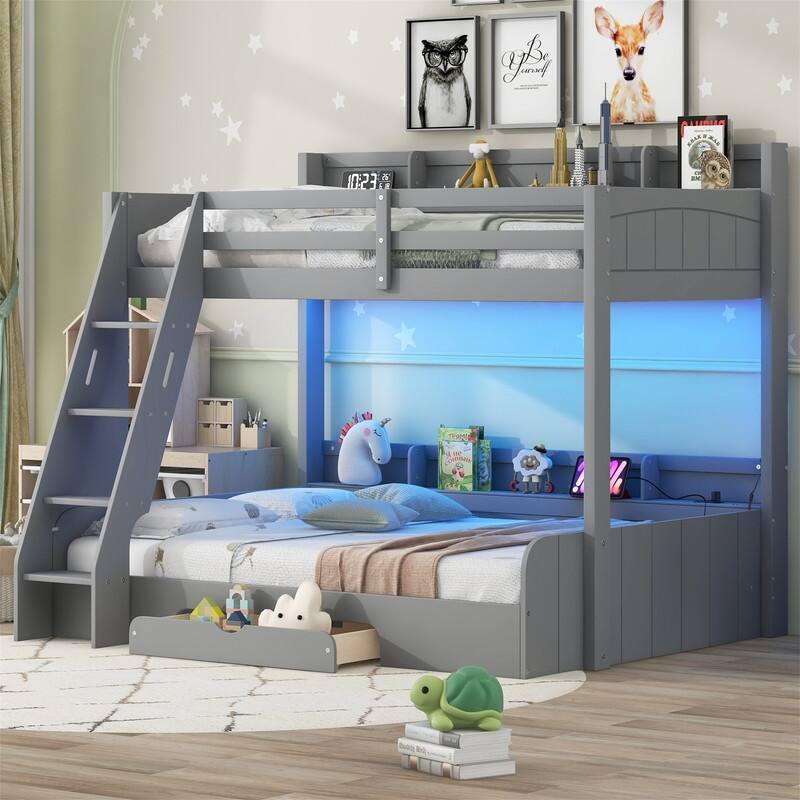 Twin over Full Bunk Bed with Storage Shelves, LED Light and a Drawer, Solid Wood Bunk Bedframe with USB Charging Station - Grey