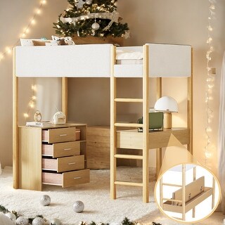 Twin Size Loft Bed Wood Bed With Storage Shelf,Drawers and Desk