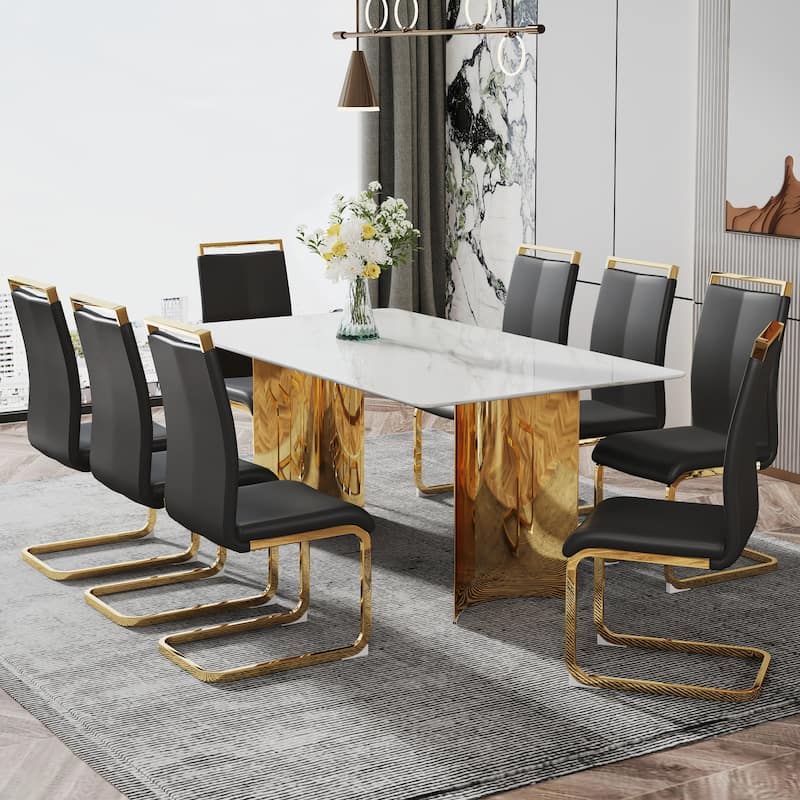 Roomfitters Dining Table with White Marble Glass Top and Gold Metal Legs for Kitchen or Living Room Use, White