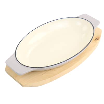 Martha Stewart Enameled Cast Iron 2pc Au Gratin Birch Wood Trivet Set