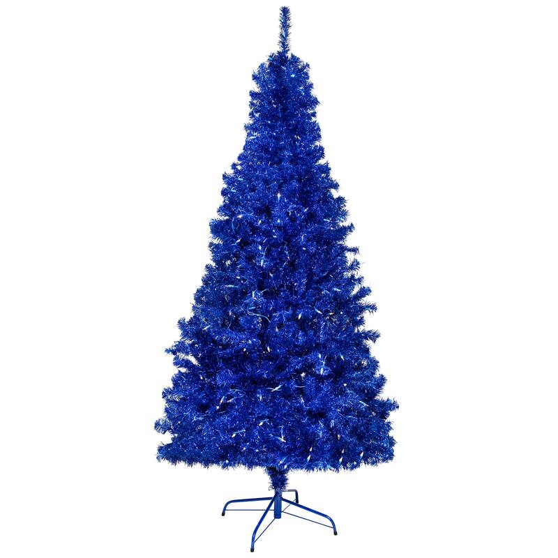 Pre-Lit Artificial Tinsel Christmas Tree - 7' - Blue - Clear Lights - 7 Foot