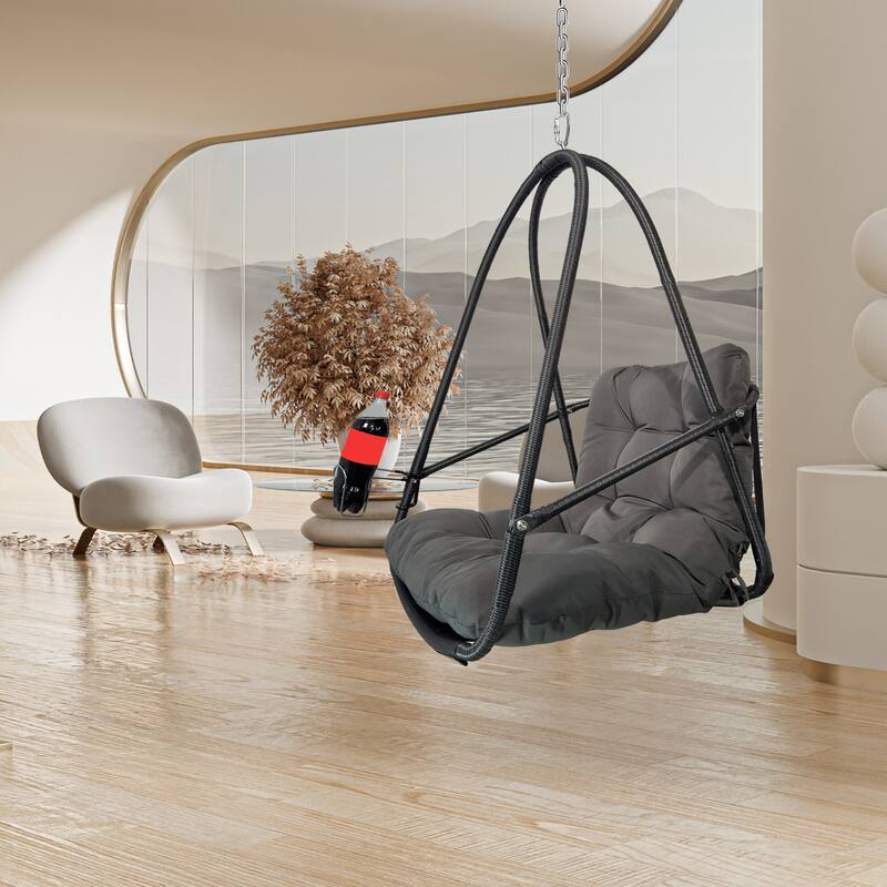 Swing Egg Chair with Stand Indoor Outdoor Wicker Rattan Patio Basket Hanging Chair with C Type bracket,with cushion and pillow - Black