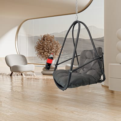 Swing Egg Chair with Stand Indoor Outdoor Wicker Rattan Patio Basket Hanging Chair with C Type bracket,with cushion and pillow