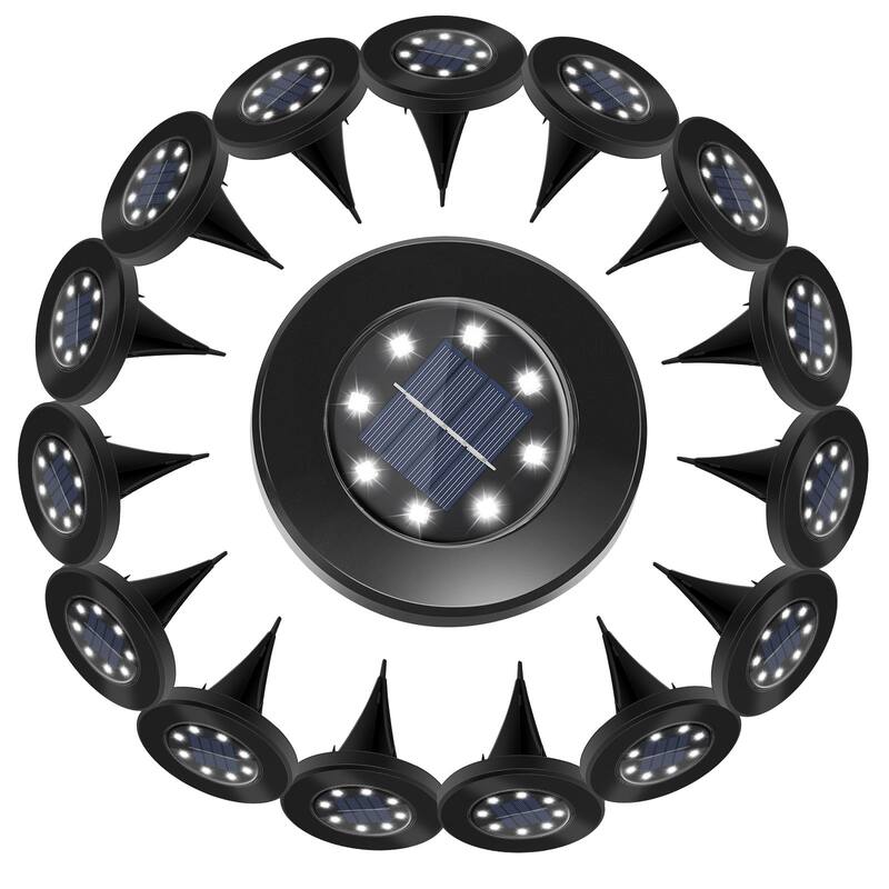 Solar Ground Lights Outdoor Waterproof Disc Lights for Deck,Garden,Pathway - Black/Plastic/Cool White - 16 PCS