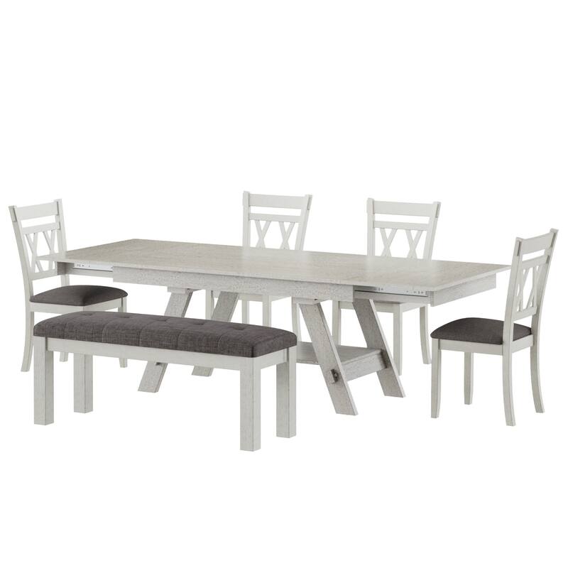Javlergo Dining Table Set with Bench, Solid Wood Rectangular Extendable Dining Table and Chairs Set for 6-8