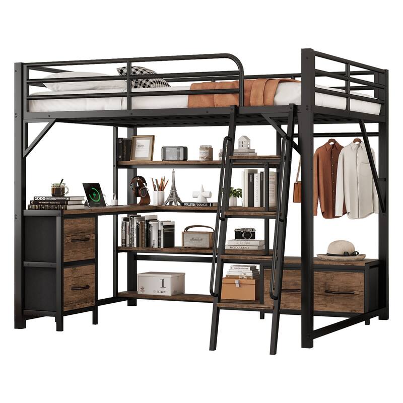 Queen Size Loft Bed with Desk, LED, Storage Shelves, Wardrobe, and Drawers for Space Efficiency