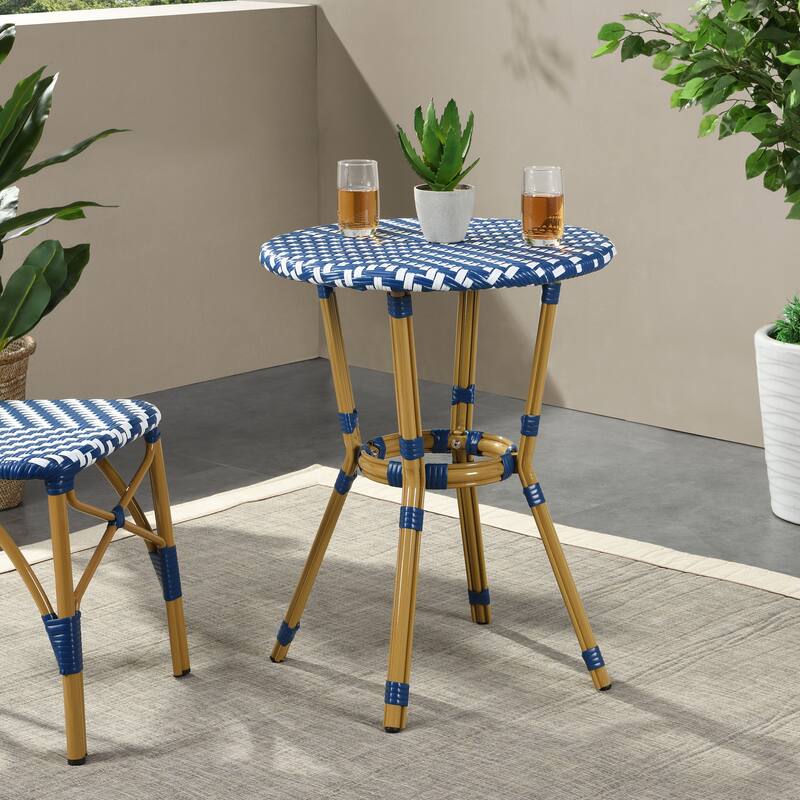 Picardy Outdoor Aluminum and Wicker Outdoor French Cafe Table by Christopher Knight Home - 21.75"L x 21.75"W x 28.50"H - Navy Blue + White + Bamboo Finish