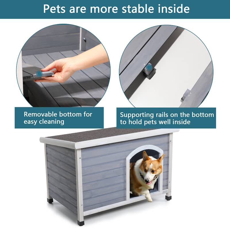 Outdoor Elevated Wooden Dog House with Weatherproof, Opening Roof, Adjustable Plastic Feet, Suitable for Medium and Large Dogs
