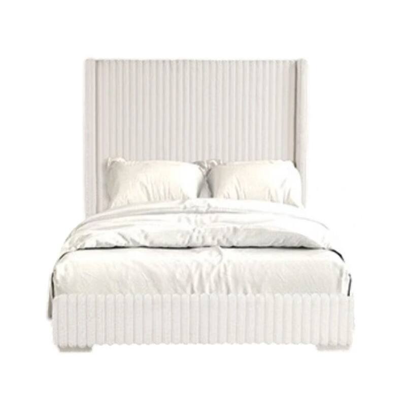 Wolo Twin Bed, White Fur Chenille Ribbed Upholstery, Wing Headboard