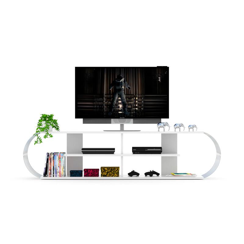 FurnisHome Store Mid Century Modern Tv Stand 4 Shelves Open Storage Entertainment Centre 68 inch Tv Unit, Walnut/Chrome