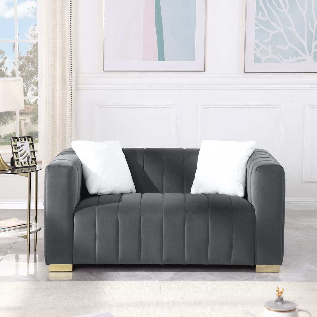 Grey Velvet Loveseater Channel Sofa with Plush Foam Cushions