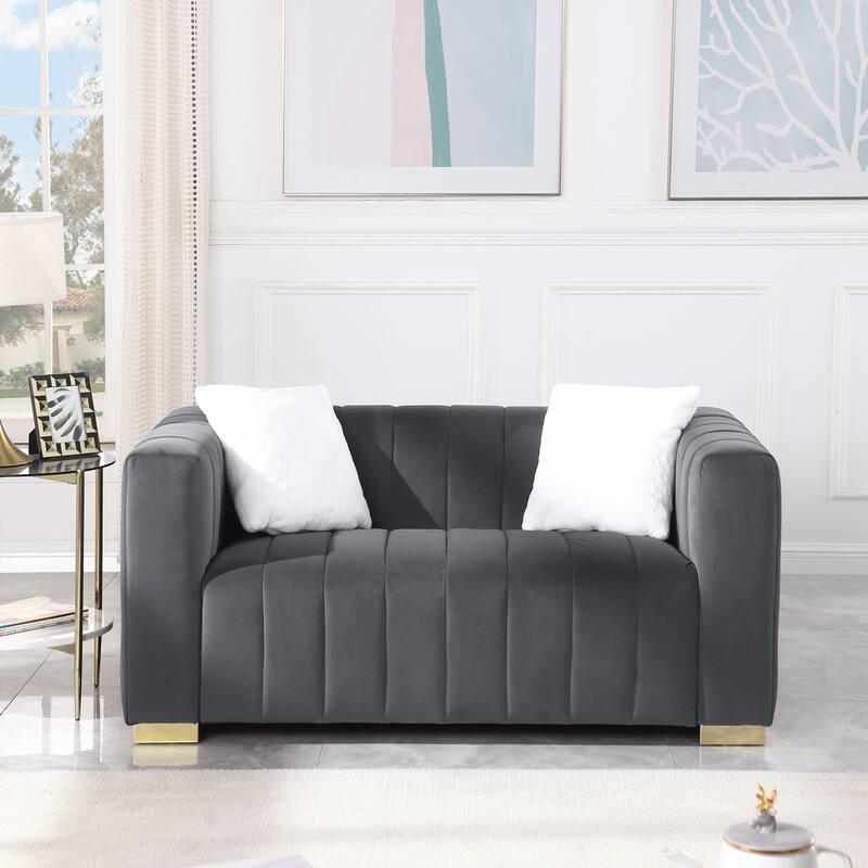 Velvet Loveseat Sofa Vertical Stripe Channel Couch with Pillows - Grey